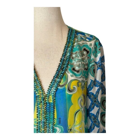 Hale Bob Shirt Women Small Green Blue Silk Beaded V Neck Ruched Sleeve Blouse - Picture 5 of 12